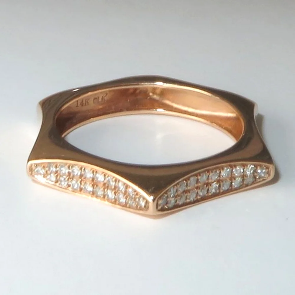 Solid 14K Rose Gold Diamonds Hexagon Ring